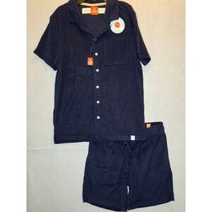 Free Planet Mens Terry Cloth 2 Piece Shirt and Shorts Set Navy Blue Small NEW